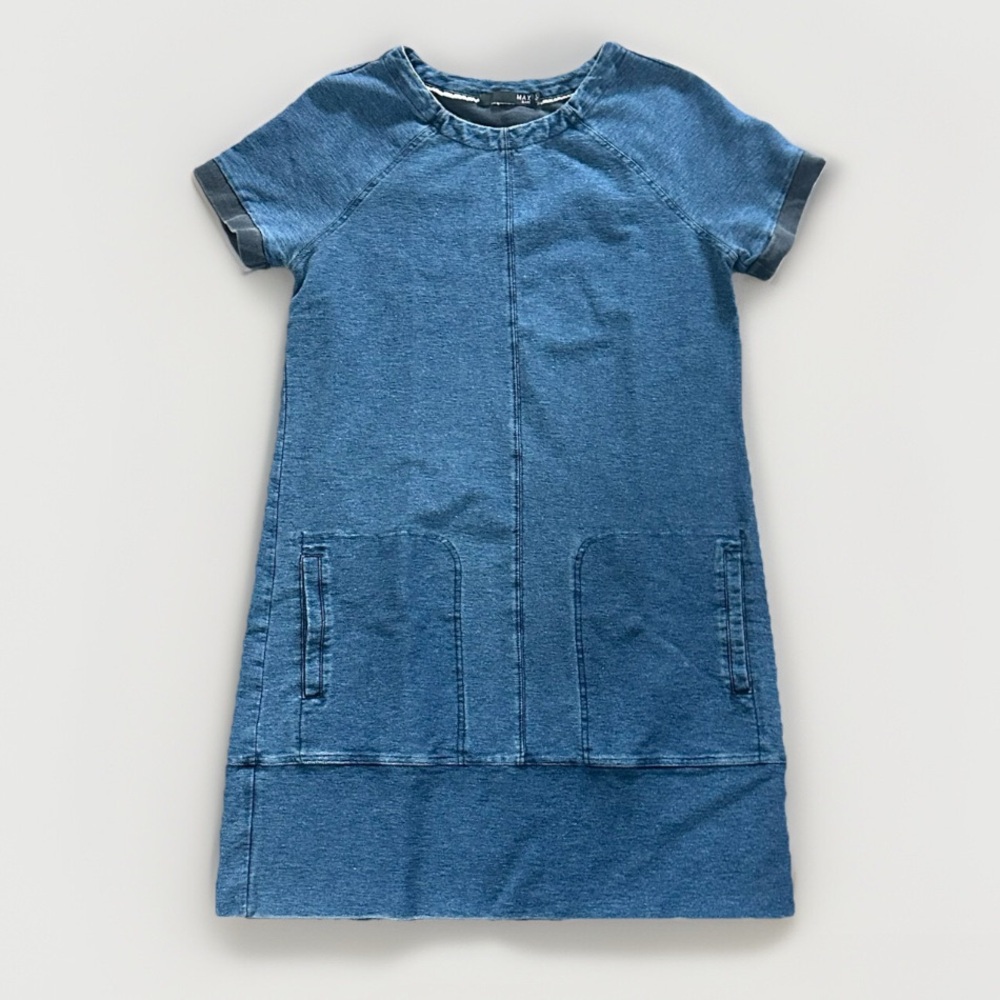 MAX Jeans Denim Shift Dress M Blue Short Sleeve Stretch Raw Hem Pockets Summer